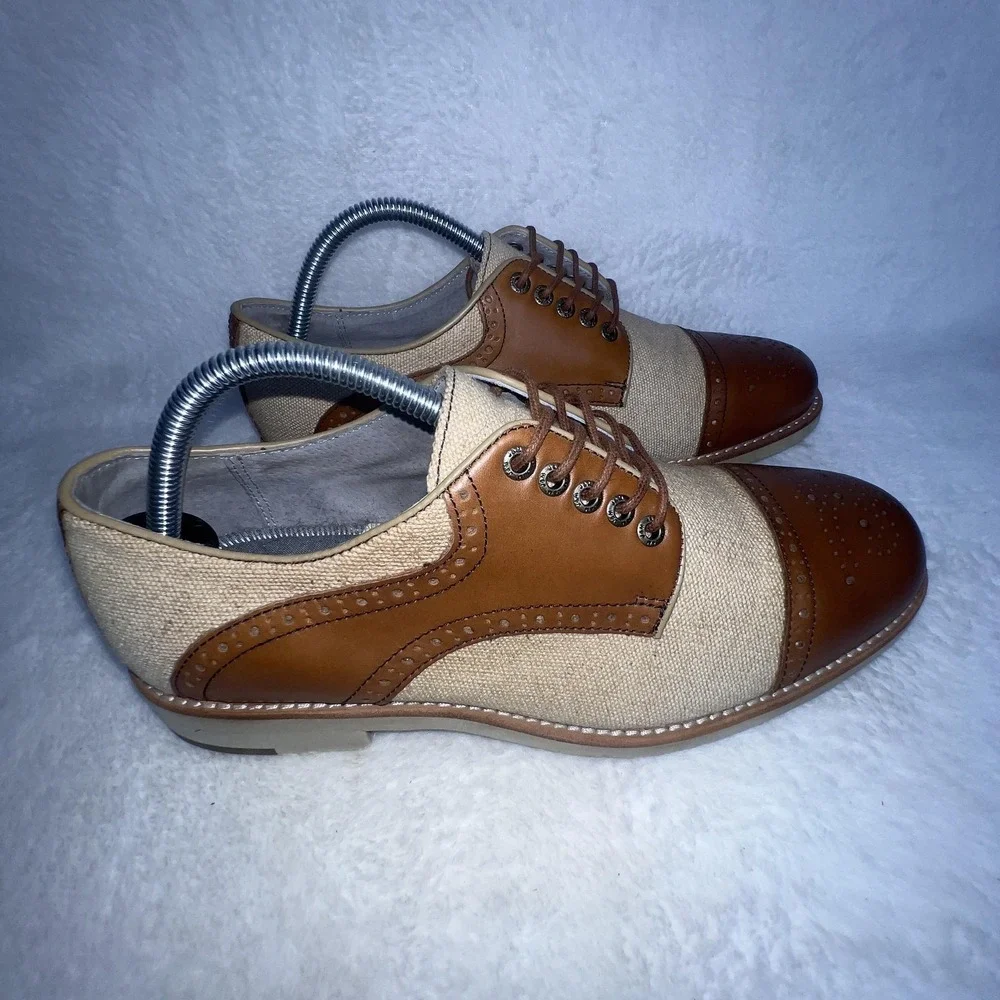 Johnston & Murphy Shoes Mens 8.5 Brown Canvas Cap Toe Derby Dress Oxfords Casual